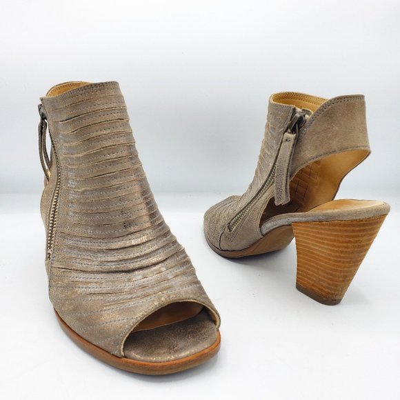 Paul Green Cayanne Bootie 7.5 Gold Distressed Leather Open Toe Side Zipper - Picture 1 of 9